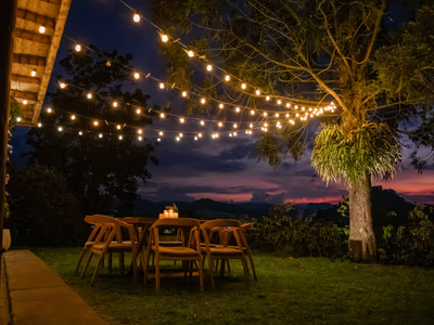 Garden dining area with farm views