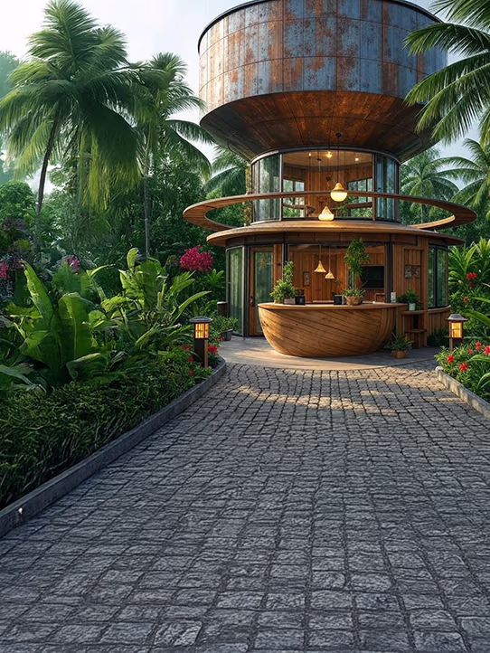 Luxury eco-friendly accommodations at The Glen Woods Resort overlooking river and gardens