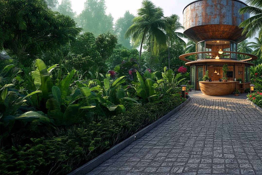 Luxury eco-friendly accommodations at The Glen Woods Resort overlooking river and gardens